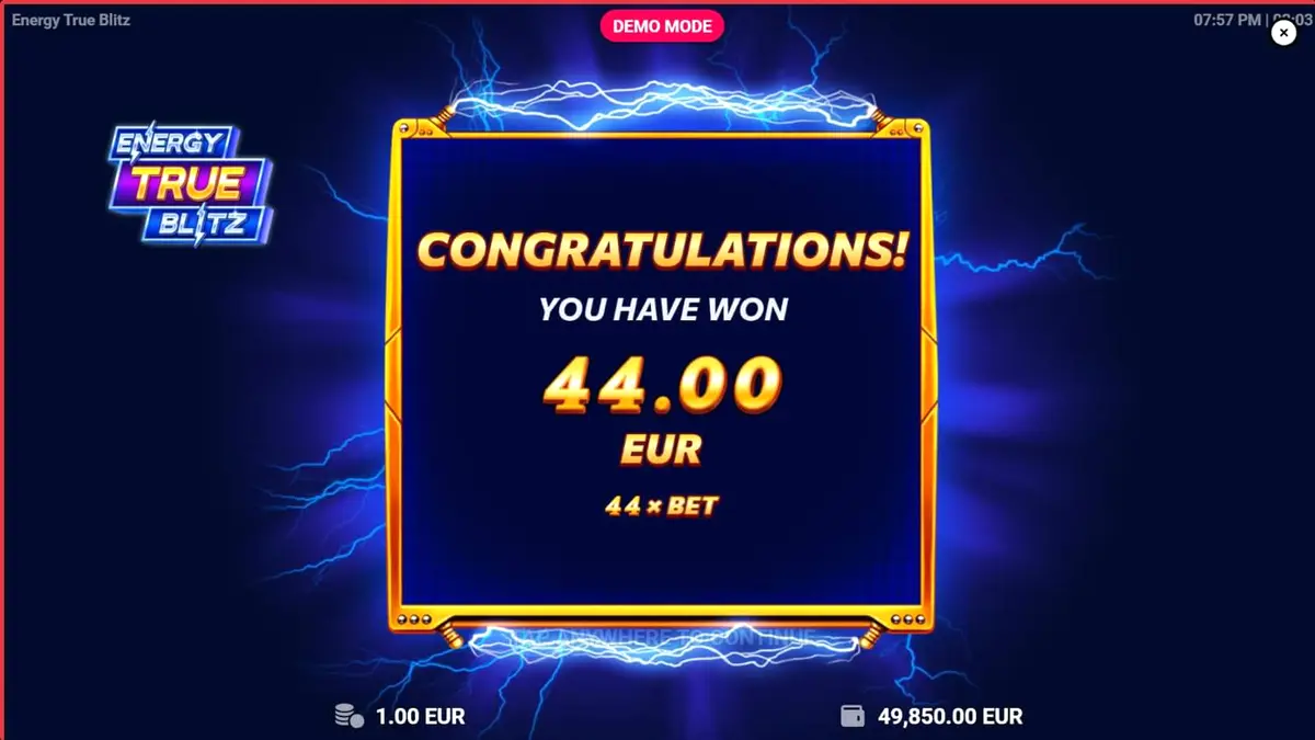 Tampilan visual slot Energy True Blitz dengan nuansa neon dan simbol klasik