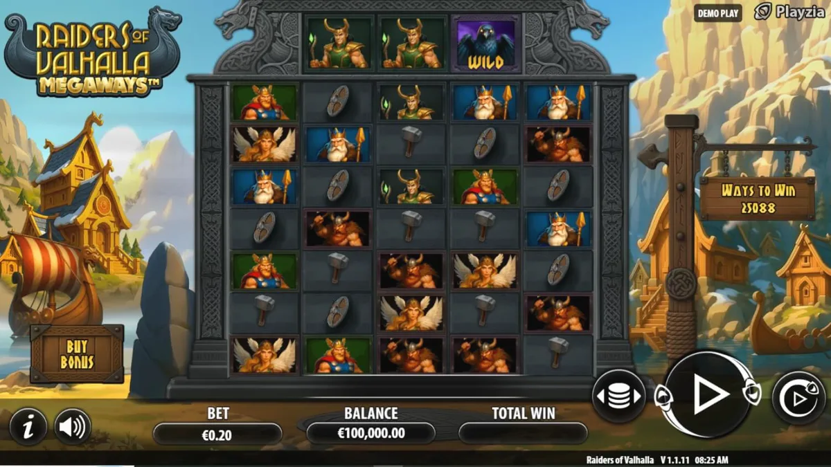 Tampilan visual slot Raiders of Valhalla Megaways dengan tema mitologi Nordik