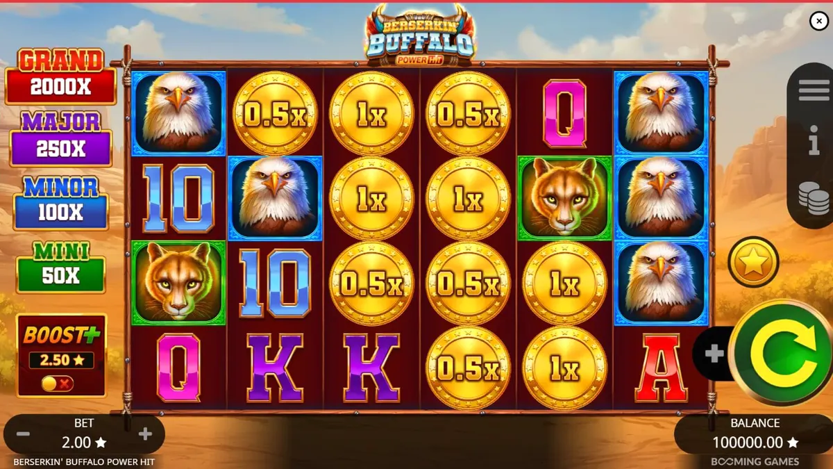 Tampilan visual slot Beserkin’ Buffalo Power Hit dengan tema alam liar dan simbol buffalo.