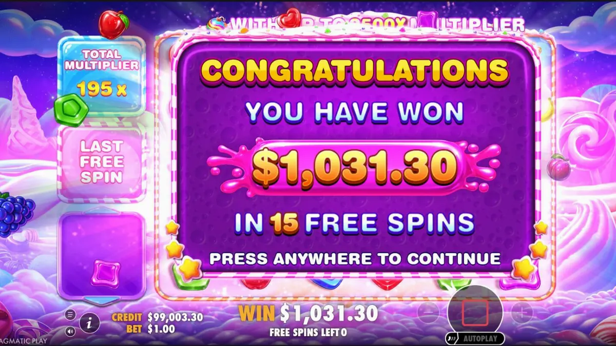 Tampilan visual penuh warna dari slot Sweet Bonanza 2500 dengan simbol permen dan buah.